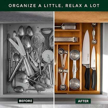 Bamboo Drawer Organizer, Expandable 8-Slot Silverware & Utensil Tray for Kitchen Drawers, Fits 13–19.5 Inch Drawers, Deep Compartments, Durable & Eco-Friendly Natural Bamboo