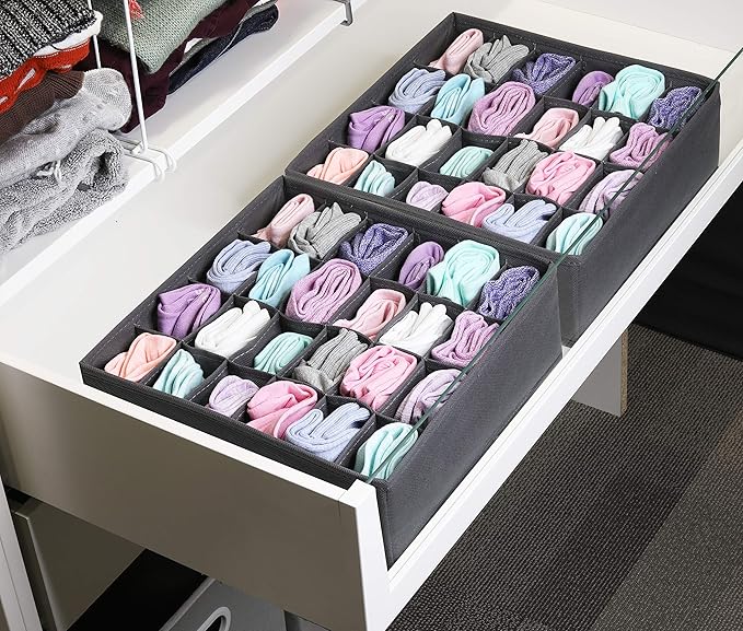 Simple Houseware 2 Pack Closet Sock Organizer, 24 Cell Drawer Divider, Dark Gray