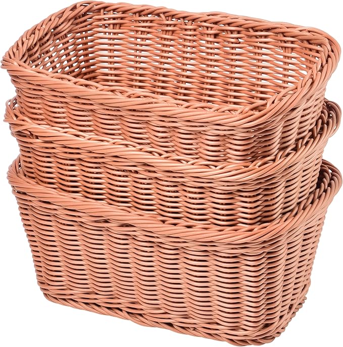Set of 3 Rectangular Plastic Woven Storage Baskets, Organization Bins for Classroom, Home Decor, or Office Use, 11" x 7" x 5"
