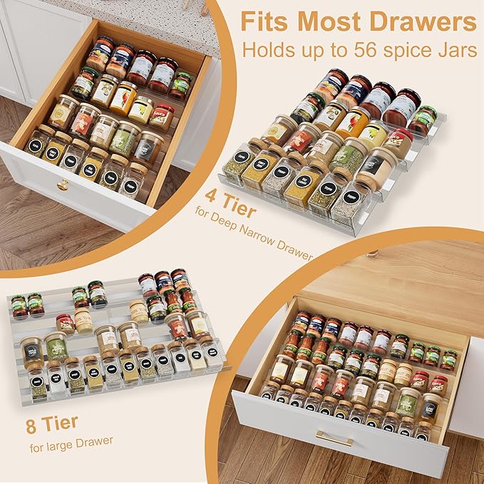 8-Pack Spice Drawer Organizer, Expandable Acrylic Seasoning Rack (13" to 26") with Anti-Slip Mat, Kitchen Spice Rack Holds up to 56 Jars (Jars Not Included)