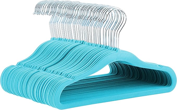 Amazon Basics Kids Space Saving Velvet Non-Slip Clothes Hangers with Shoulder Notches for Infant and Toddler, 11.6", Blue, 50-Pack