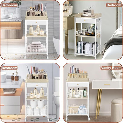 Makeup Organizer Cart with Removable Cosmetic Display Case, Large Makeup Cart with Drawer and 4 SS Tool Cups, 2-in-1 Vanity Organizer for Skincare Perfume Nail Polish Brush, White & Natural