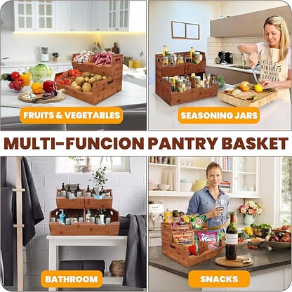 [Upgraded] 2-tier Stackable Bamboo Pantry Storage Bins, Potato and Onion Storage Baskets with Handles, Removable Divider, Pantry Organizer Holder for Kitchen, Office, Cabinet, Fruit Storage (Walnut)