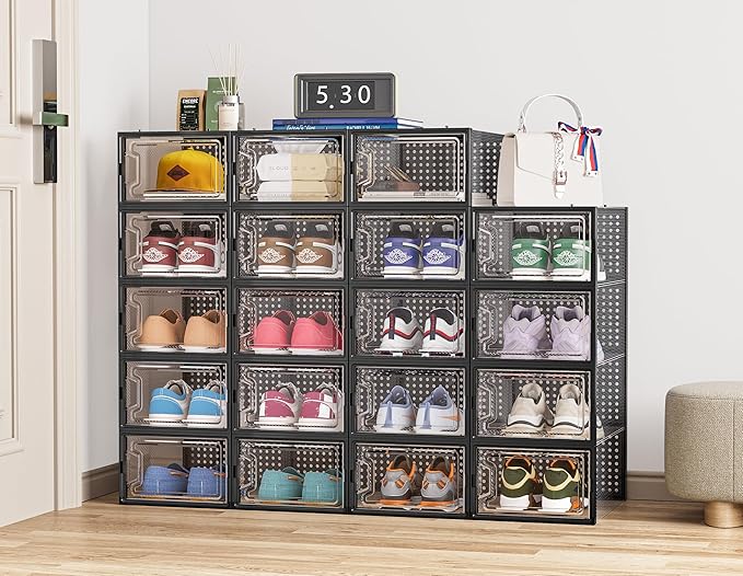 HOMIDEC Shoe Storage, 12 Pack Shoe Organizer for Closet, Shoe Boxes Clear Plastic Stackable Shoe Containers with Lids for Size 10
