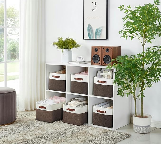 DECOMOMO Storage Bins, Large Fabric Storage Baskets for Shelves, Decorative Linen Closet Organizer, 15 x 11 x 9.5 inches (Brown & White, 4 Pack)
