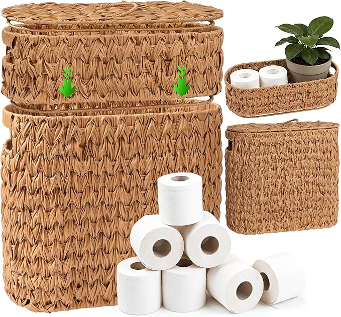 Livole 2-in-1 Toilet Paper Basket with Lid Toilet Paper Storage - 16 Regular Rolls or 12 Mega Rolls Woven Plastic Rattan Waterproof Toilet Paper Organizer for Bathroom, Natural