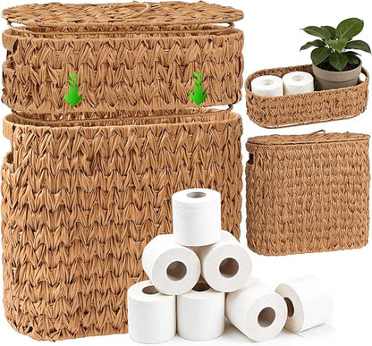 Livole 2-in-1 Toilet Paper Basket with Lid Toilet Paper Storage - 16 Regular Rolls or 12 Mega Rolls Woven Plastic Rattan Waterproof Toilet Paper Organizer for Bathroom, Natural