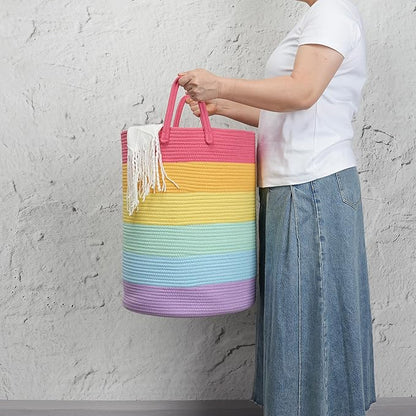 Woven Cotton Rope Laundry basket-15”X20” Laundry Hamper-Rope Storage Basket for Dirty Clothes, Toys and Blankets Perfect for Bathroom, Baby nursery and Living Room Storage (rainbow)