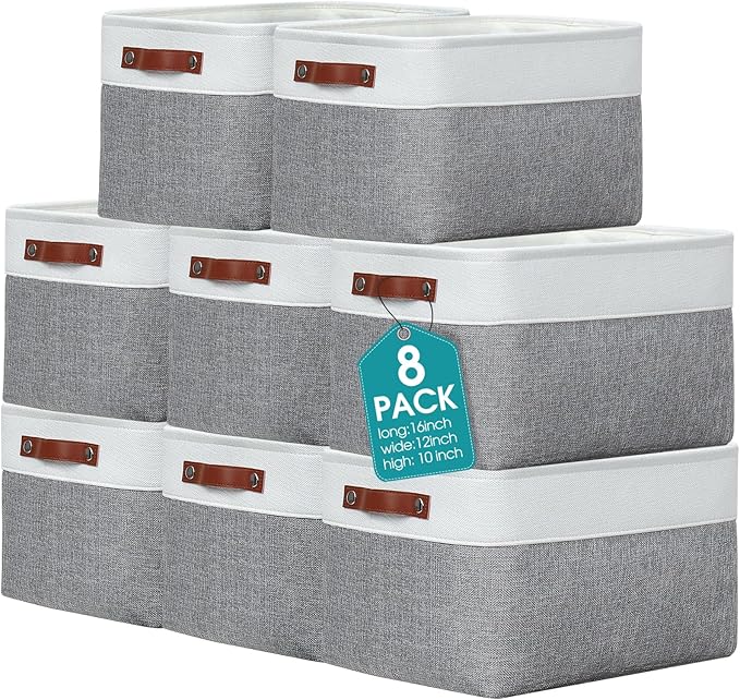 Uiifan 8 Pack 16 x 12 x 10 Inch Large Storage Baskets Collapsible Fabric Storage Cubes Bins with Handles for Shelves Closets Nursery Home Clothes Toys Organizers, Gray