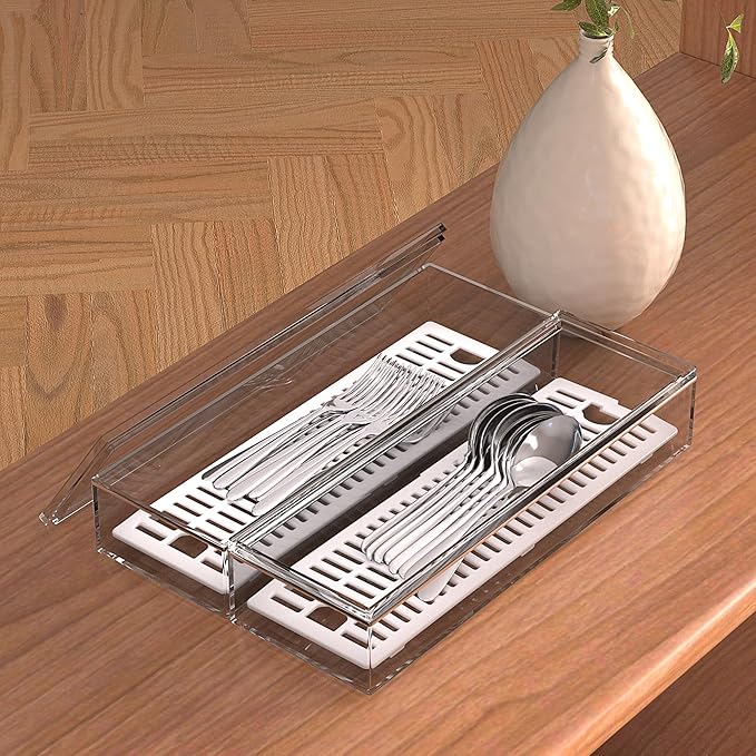 2 Pack Clear Silverware organizer with lid, Plastic Flatware Storage Box, Kitchen Drawer Organizer tray, Cutlery Utensil Holder