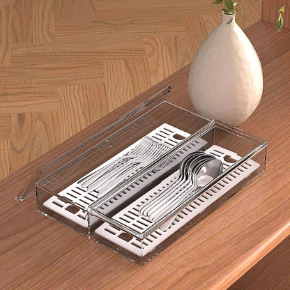 2 Pack Clear Silverware organizer with lid, Plastic Flatware Storage Box, Kitchen Drawer Organizer tray, Cutlery Utensil Holder
