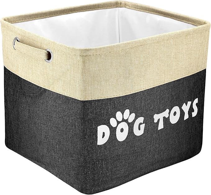 PET ARTIST Dog Toy Basket, Collapsible Dog Toy Bin Box with Comfortable Handles, Large Pet Toy Storage Basket Organizer for Accessories, Toys,Coat & Clothing,Blanket Leash (Black, L:15"x13"x12")