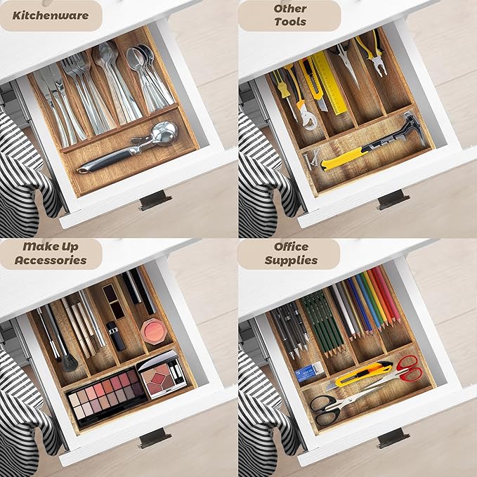 KITEISCAT Acacia Wood Silverware Organizer, Kitchen Utensil Drawer Organizer for Forks, Knives & Spoons, 5-Compartment Cutlery Tray, Flatware Holder