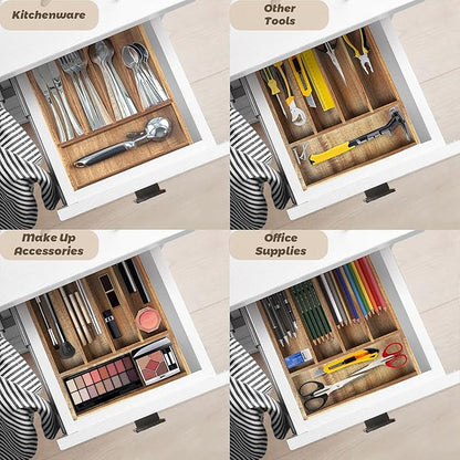 KITEISCAT Acacia Wood Silverware Organizer, Kitchen Utensil Drawer Organizer for Forks, Knives & Spoons, 5-Compartment Cutlery Tray, Flatware Holder