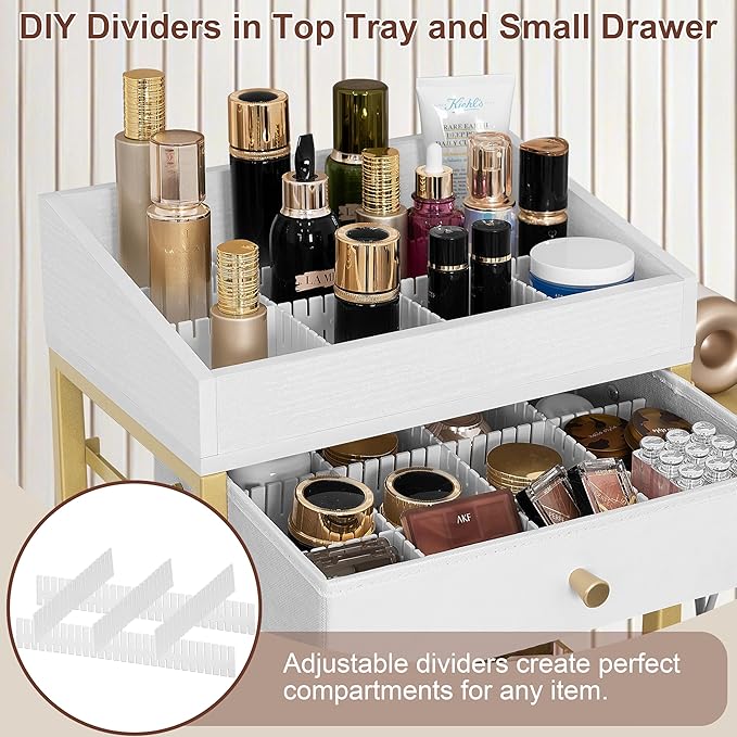 Makeup Organizer Cart with 3 Drawers, Rolling Vanity Organizer with Adjustable Dividers, Detachable Hair Tool Holder, Lockable Wheels for Small Spaces, Gold & White