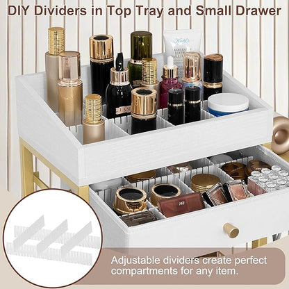 Makeup Organizer Cart with 3 Drawers, Rolling Vanity Organizer with Adjustable Dividers, Detachable Hair Tool Holder, Lockable Wheels for Small Spaces, Gold & White