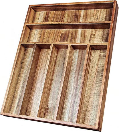 KITEISCAT Acacia Wood Silverware Organizer, Kitchen Utensil Drawer Organizer for Forks & Spoons, 7-Compartment Cutlery Tray, Flatware Holder