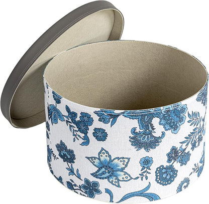 Household Essentials Floral Nestable Hat Boxes with Faux Leather Lids, Cream and Blue, Set of 3