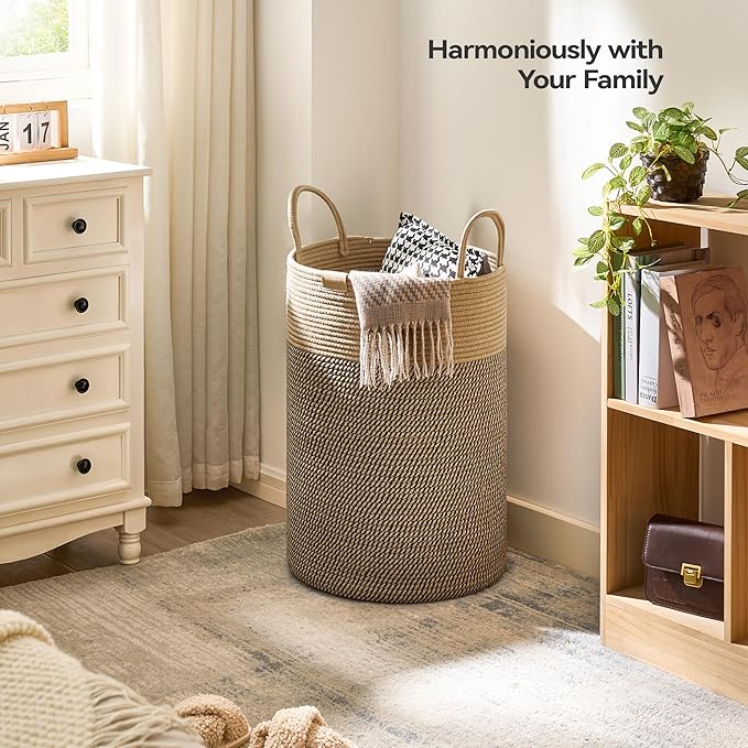 Nunsino Laundry Hamper 75L,Large Laundry Basket for Clothes,Decorative Storage Basket for Blankets,Cotton Rope Woven basket for bedroom,Dark Brown