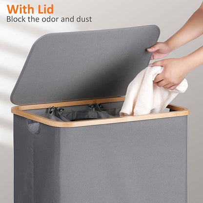 efluky Laundry Hamper with Lid, Trio Laundry Basket with 2 Removable Bags, 3 Section Laundry Bin with Bamboo Handles for Bathroom, Bedroom & Laundry Room, 160L (42.3 Gallon) Silver Grey