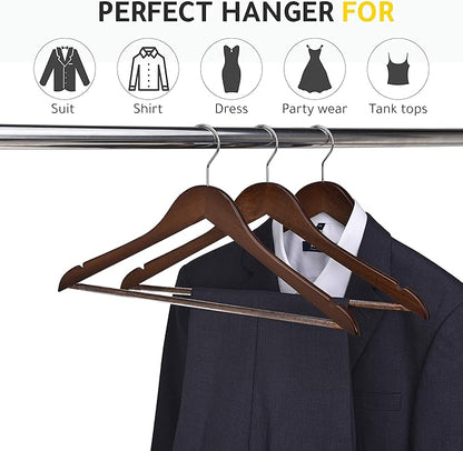 Quality Wooden Hangers - Slightly Curved Hanger 20 Pack Sets - Solid Wood Coat Hangers with Stylish Chrome Hooks - Heavy-Duty Clothes, Jacket, Shirt, Pants, Suit Hangers (Walnut/Retro, 20)