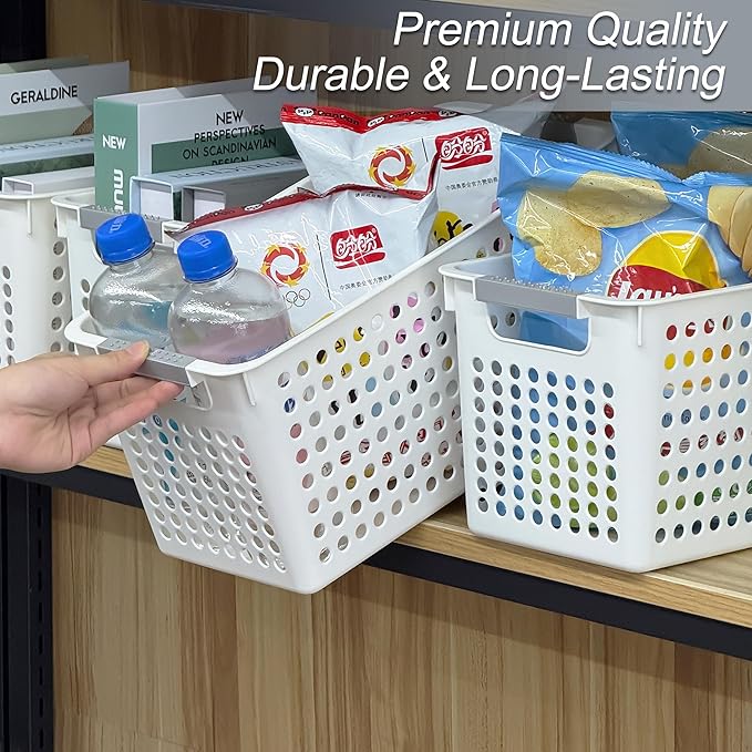 Soddeph Slim Plastic Storage Basket with Handles, Narrow Organizer box for Shelves, Organizer box for Organizing, Kitchen,Home,Office (White, Medium)