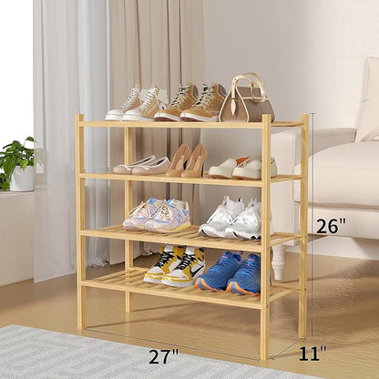 ROMGUAR CRAFT 4 Tier Bamboo Shoe Rack for Closet Free Standing Wood Shoe Shelf for Entryway Small Space Stackable 27"x11"x26" (Natural)
