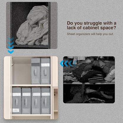 DIMJ Bed Sheet Organizers and Storage 8 Pack - Foldable Sheet Holder for Linen Bedding Storage Box for organization, Sheets Set Holder for Blanke, Towel (King & Queen Size), Grey