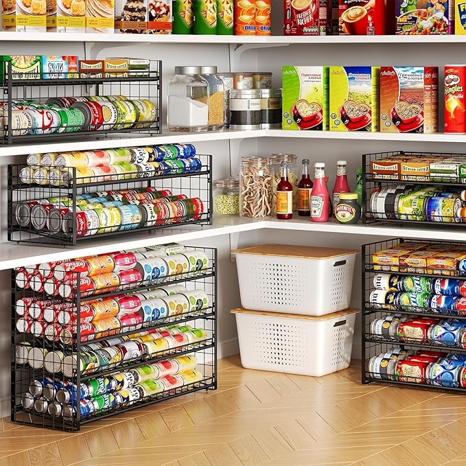 2-Tier Stackable Can Organizer for Pantry, Adjustable Extra-Long Can Rack for Pantry Shelf Organizer and Storage, Sturdy Standing Can Holder for Canned Soup Food Goods Storage up to 64 Cans, Black