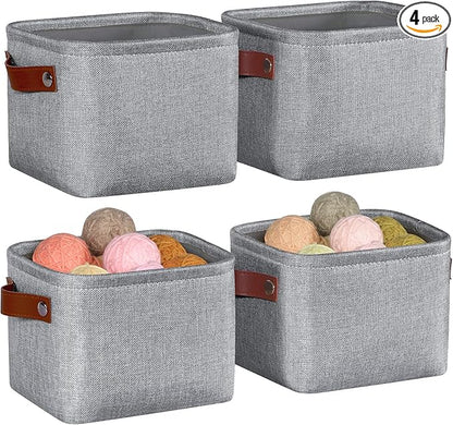 Small Fabric Storage Bins, 7.8x6.7x5.9 inch Mini Storage Cubes 4-Pack Storage Basket for Makeup Collapsible Fabric Storage Organizer with Handles, Decorative Basket for Desk, Shelves, Grey