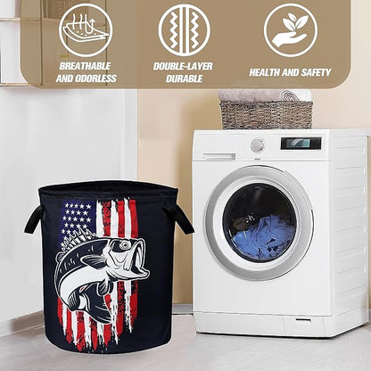 American Flag Bass Fish Laundry Basket Bass Fishing Foldable Oxford Cloth Funny Tote Bag Laundry Hamper Clothes Storage Bucket Organizer For Bathroom/Laundry Storage/Bedroom 17.7x13.7
