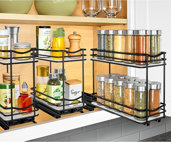 LYNK PROFESSIONAL® Pull Out Spice Organization for Cabinets - 4-3/8 inch Wide – Spice Rack for Inside Cabinets, Slide Out Spice Rack Organizer for cabinet – Pull Out Spice Rack, Sliding 2 Tier Black