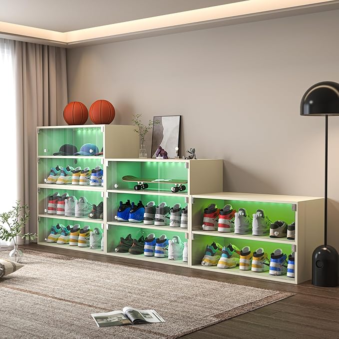 LED Shoe Storage Box, Wooden Box with Glass Door, RGB Led Light Organizer for 6 Pairs, Display Sneakers (White, 2 Layers)