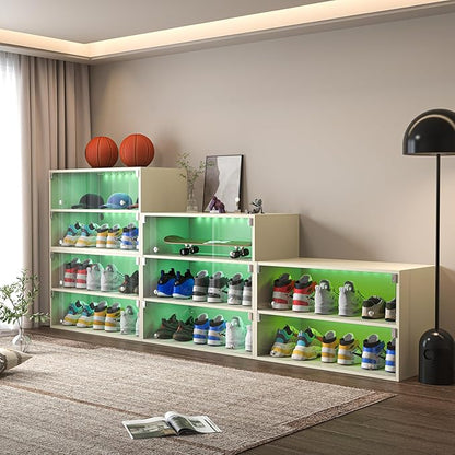 LED Shoe Storage Box, Wooden Box with Glass Door, RGB Led Light Organizer for 6 Pairs, Display Sneakers (White, 2 Layers)