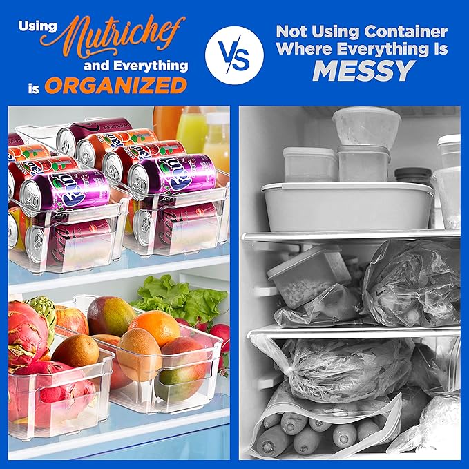 NutriChef Refrigerator Set Organizer Bins - Stackable Clear Plastic Bin with Handles, Egg Tray - For Fridge, Freezer, Kitchen, Cabinet, Countertops, Pantry - BPA Free Food Storage Rack