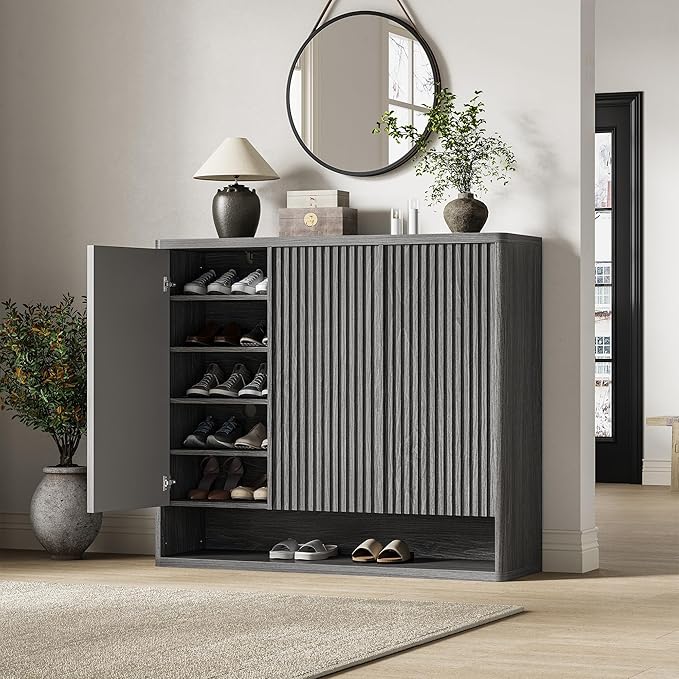 Modern Entryway Shoe Storage Cabinet – 46 Inch Wooden Organizer with Adjustable Shelves, Fluted Door, Holds 30-35 Pairs, Space-Saving Hallway Furniture, Vintage Grey Color