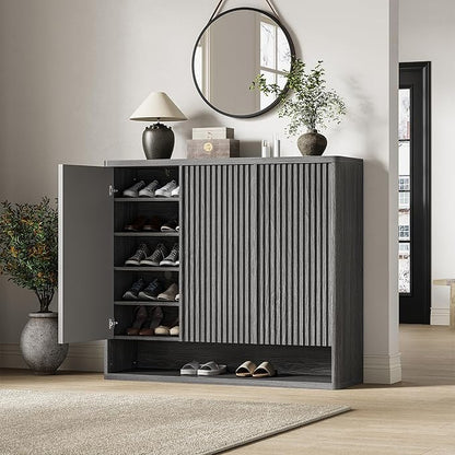 Modern Entryway Shoe Storage Cabinet – 46 Inch Wooden Organizer with Adjustable Shelves, Fluted Door, Holds 30-35 Pairs, Space-Saving Hallway Furniture, Vintage Grey Color