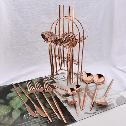 24 Piece Hanging Flatware Set, Stainless Steel Family Kitchen Utensil Set with Rack, Cutlery set for 6 with Holder, Silverware Sets with Holder, Hanging flatware set, Mirror Finish(Copper)