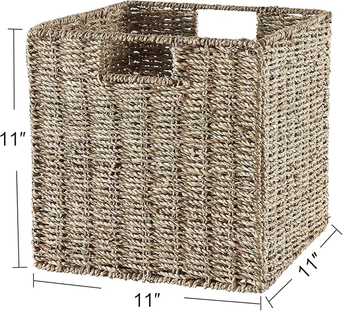 Vagusicc Wicker Storage Basket, Set of 2 Seagrass Storage Baskets, Foldable Wicker Basket 11 Inch Square Cube Storage Bins Storage Baskets for Organizing Shelf Baskets, 11''x11''x11''