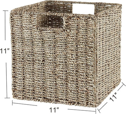 Vagusicc Wicker Storage Basket, Set of 2 Seagrass Storage Baskets, Foldable Wicker Basket 11 Inch Square Cube Storage Bins Storage Baskets for Organizing Shelf Baskets, 11''x11''x11''