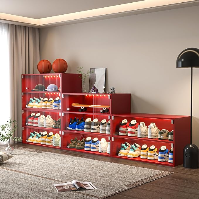 LED Wooden Shoe Box With Glass Door, Storage Organizer With RGB Light for Up to 6 Pairs, Display Bin for Sneakers (Red, 2 Layers)