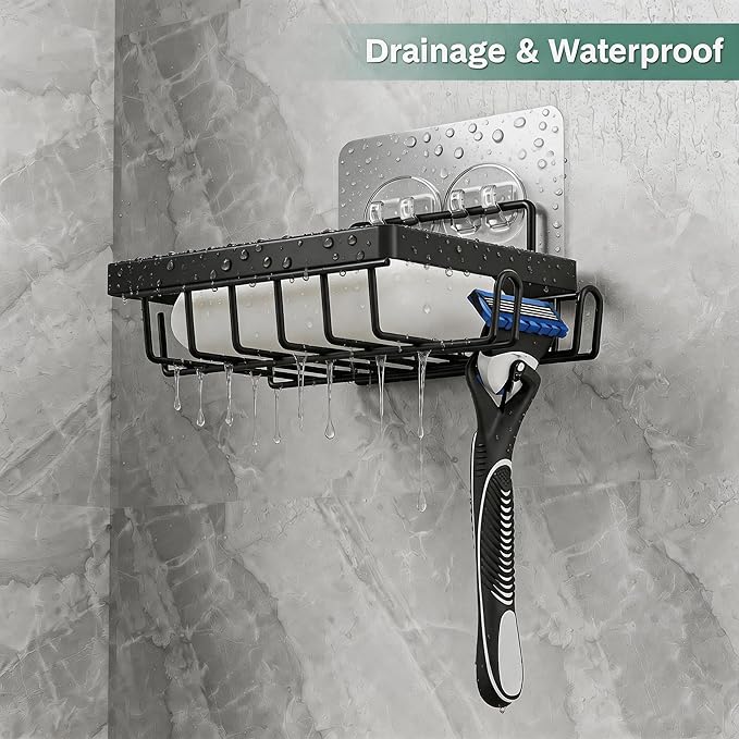 Adhesive Soap Bar Holder for Shower Wall with Soap Saver, Self Draining Soap Dish Container Caddy with 2 Hooks for Razor Loofah, Shampoo Sponge Tray Case Box for Bathroom Sink, Black