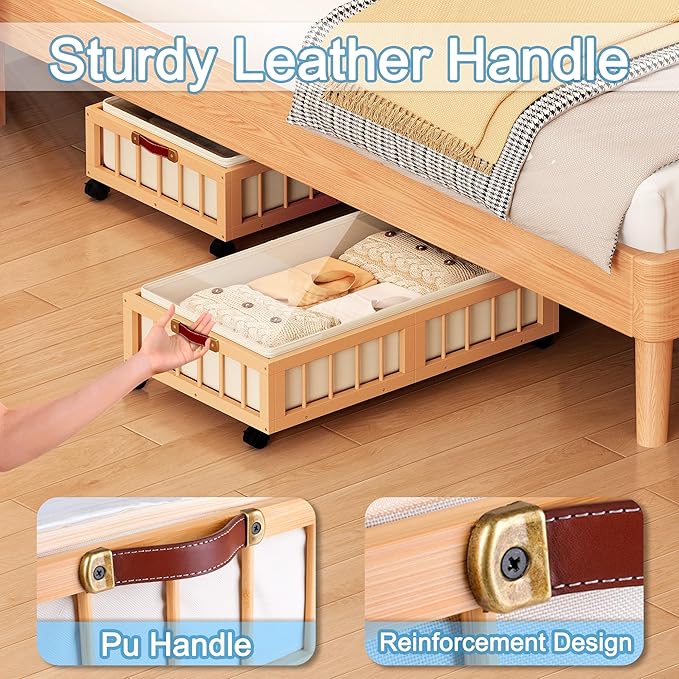 efluky 2-Pack Bamboo Under Bed Storage Containers with Wheels, Under Bed Clothes Storage Basket with Large Dust Bag, Rolling UnderBed Storage for Bedroom, Dorm and Basement, Nature