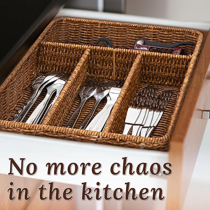 Silverware Drawer Organizer, Kitchen Utensil Organizer - Resin Wicker, Toffee
