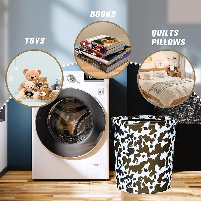 Cow Texture Laundry Basket Brown Black Print Foldable Oxford Cloth Funny Tote Bag Laundry Hamper Clothes Storage Bucket Organizer For Bathroom/Laundry Storage/Bedroom 17.7x13.7 Inch