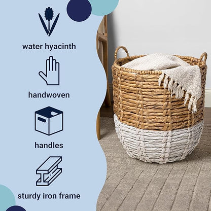 happimess BSK1003E Laurel 19.49" Bohemian Handwoven Abaca Hamper Basket with Handles, Seagrass Container for Decoration in Bedroom, Living Room, Laundry Room, Entryway, Natural, Natural/White
