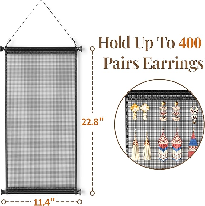 Mesh Earring and Necklace Holder Wall Hanging with Wooden Rods and Hooks, Jewelry Display