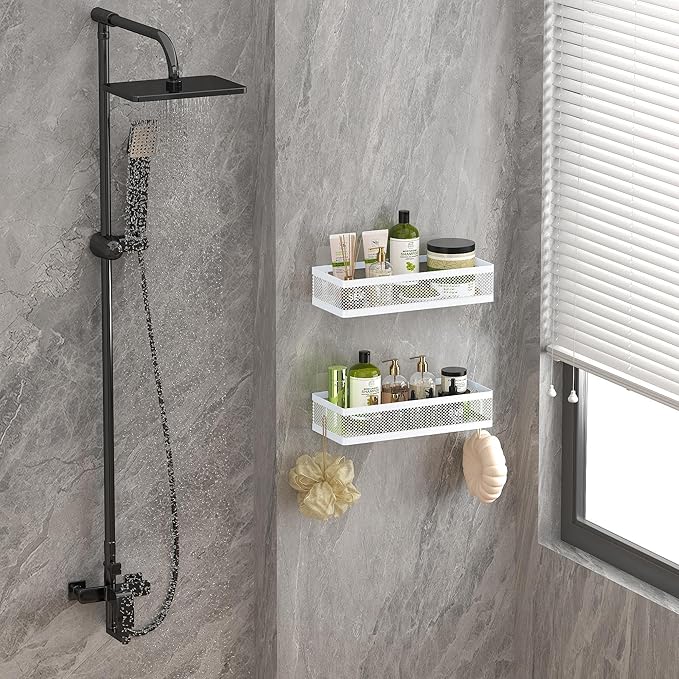 PUSDON Mesh Shower Caddy Wall Mount, Heavy Duty Adhesive Bathroom Shelf Organizer, Rustproof Floating Spice Rack for Kitchen Pantry, Holds 50 LBS, Multi-Purpose Storage White-2 Packs (Netting)