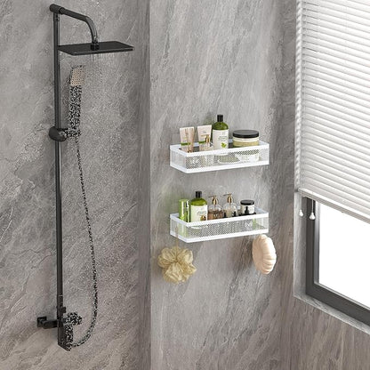 PUSDON Mesh Shower Caddy Wall Mount, Heavy Duty Adhesive Bathroom Shelf Organizer, Rustproof Floating Spice Rack for Kitchen Pantry, Holds 50 LBS, Multi-Purpose Storage White-2 Packs (Netting)