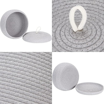 Sea Team Round Cotton Rope Storage Basket with Lid, Decorative Woven Storage Bin, Pot, Caddy, Organizer, Container for Snacks, Towels, Plants, 10 x 4.5 Inches (Small, Shallow, Grey)